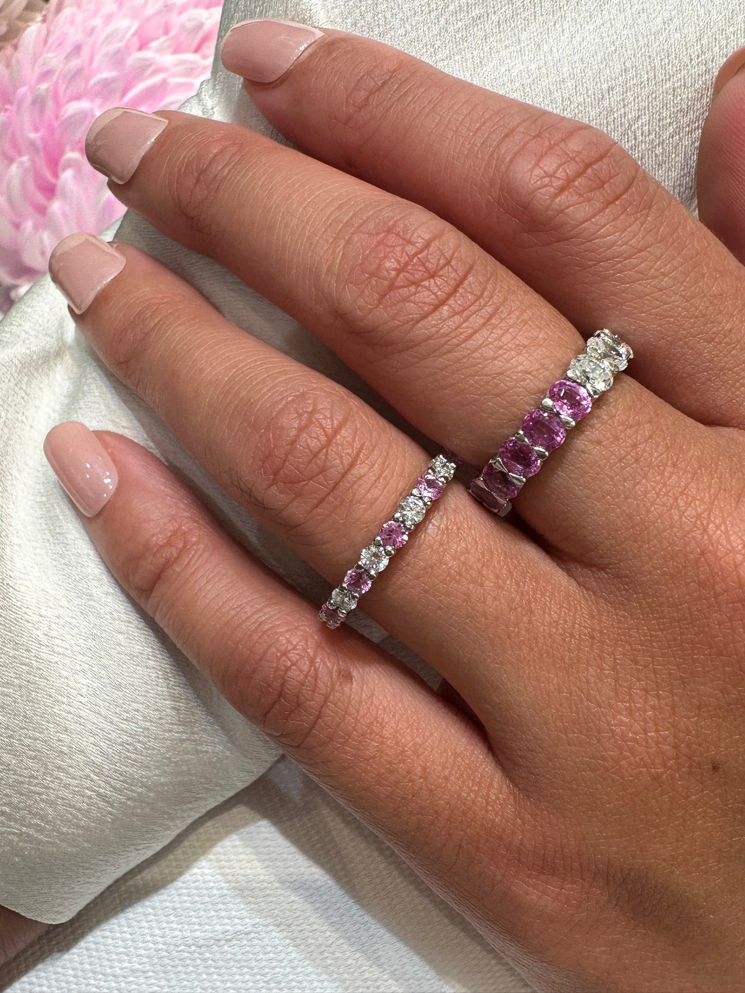 Pink Sapphire and Oval Diamond Wedding Band Armans Fine Jewellery