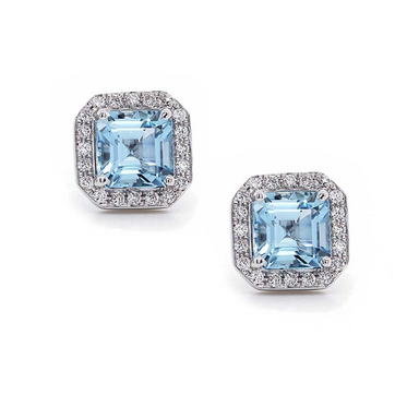 Asscher Cut Aquamarine Halo Diamond Studs - Armans Fine Jewellery