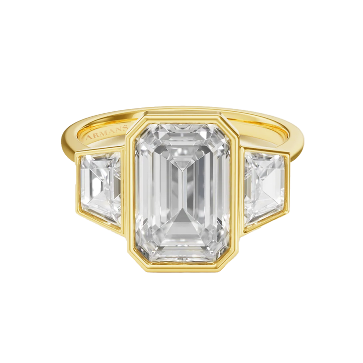 Bezel Set Lab Grown Emerald Engagement Ring with Trapezoid Side Stones - Armans Fine Jewellery