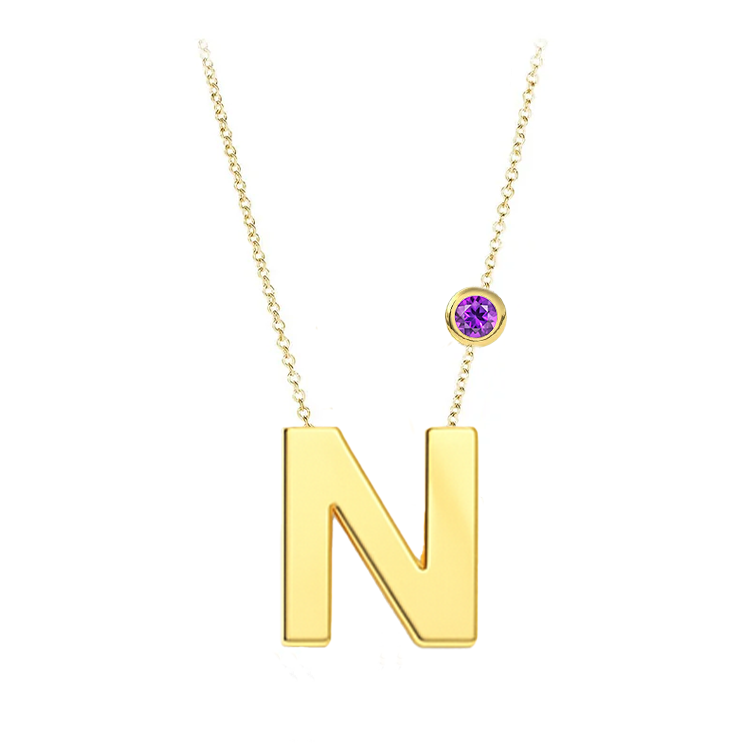 Block Font Initial Pendant with Birthstone Bezel