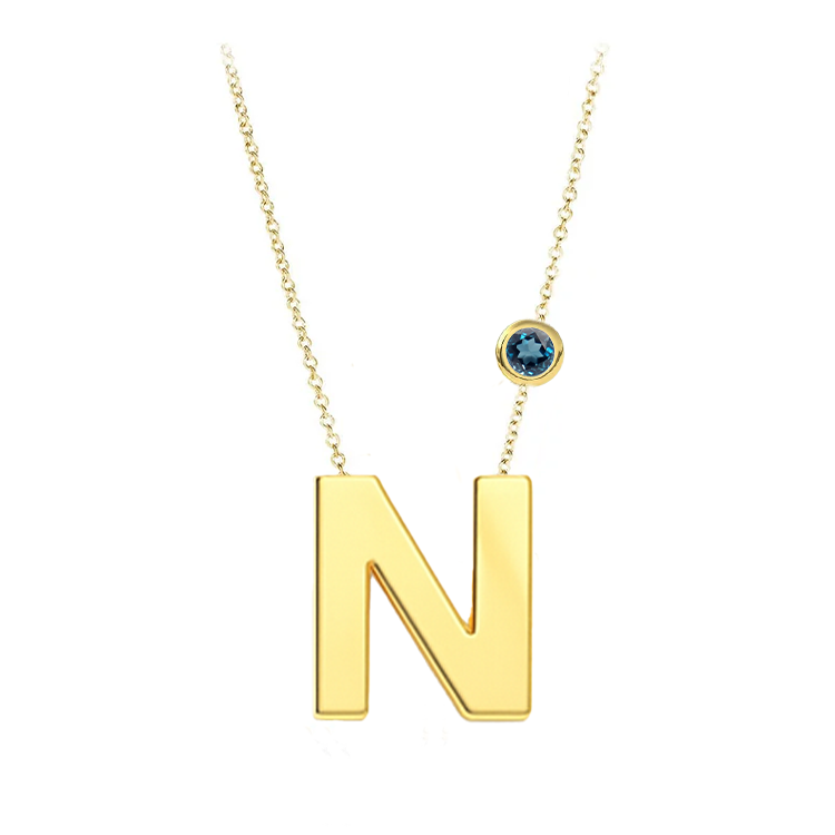 Block Font Initial Pendant with Birthstone Bezel