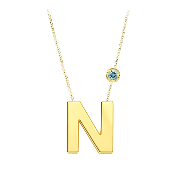 Block Font Initial Pendant with Birthstone Bezel