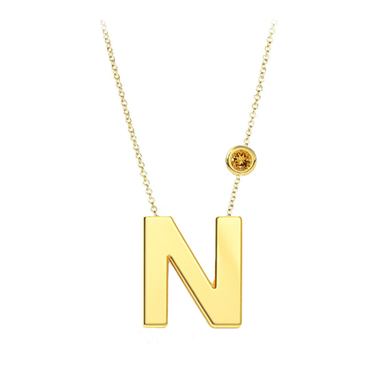 Block Font Initial Pendant with Birthstone Bezel