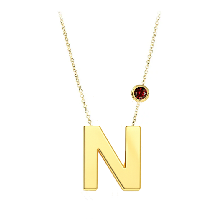Block Font Initial Pendant with Birthstone Bezel