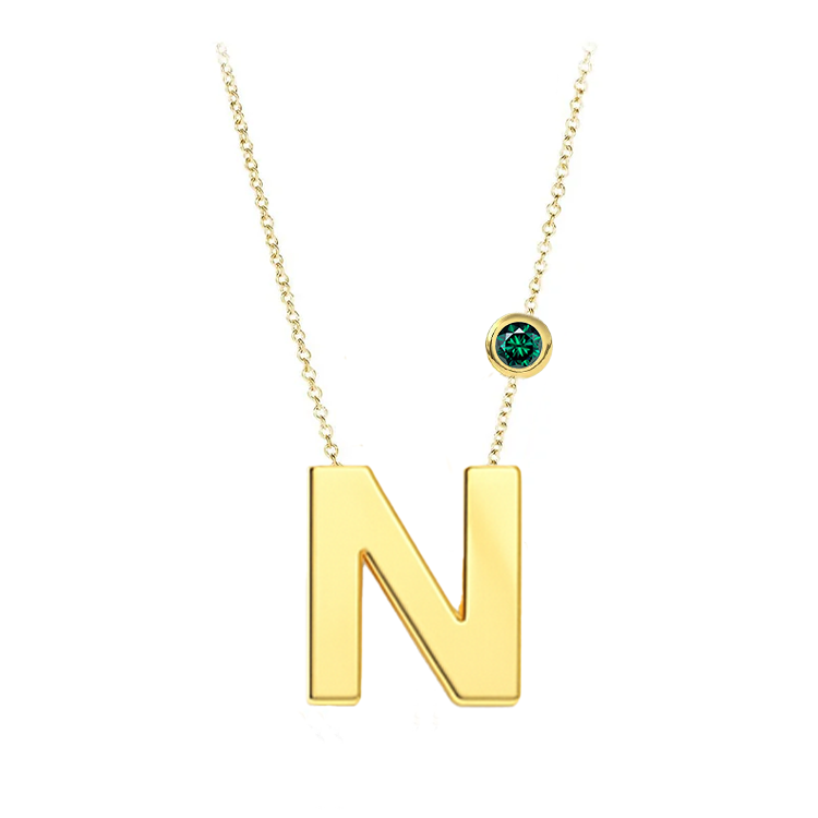 Block Font Initial Pendant with Birthstone Bezel