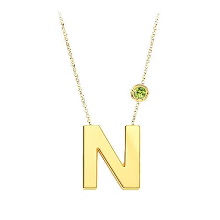 Block Font Initial Pendant with Birthstone Bezel