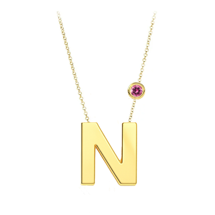 Block Font Initial Pendant with Birthstone Bezel