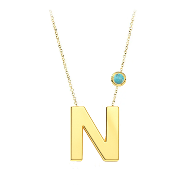 Block Font Initial Pendant with Birthstone Bezel