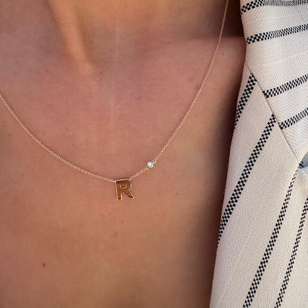 Block Font Initial Pendant with Diamond Bezel