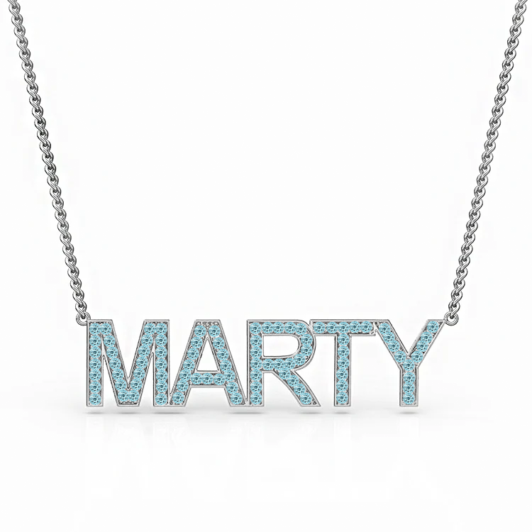 Block Letter Aquamarine Name Necklace - Armans Fine Jewellery