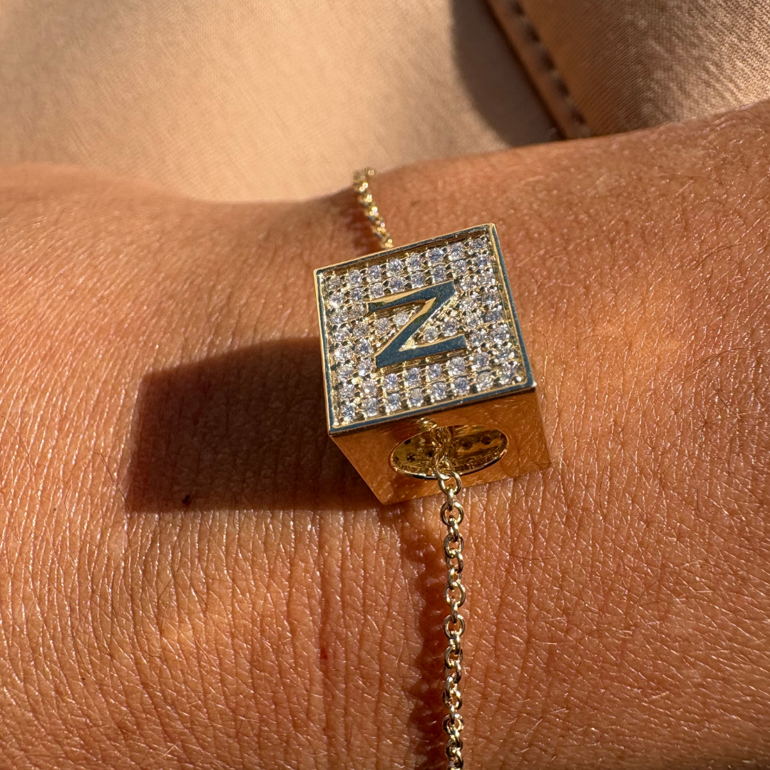 Diamond Block Charm Initial Bracelet