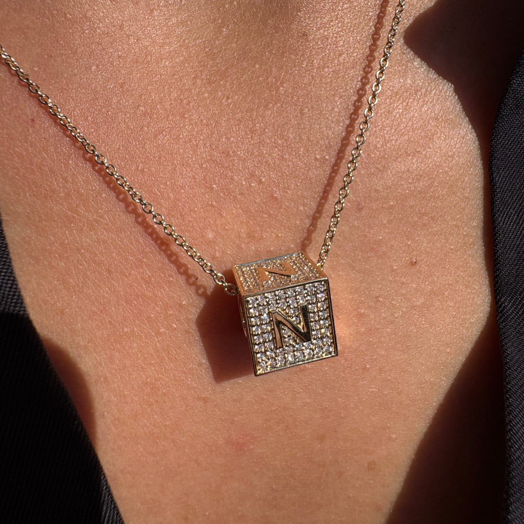 Diamond Block Charm Initial Necklace