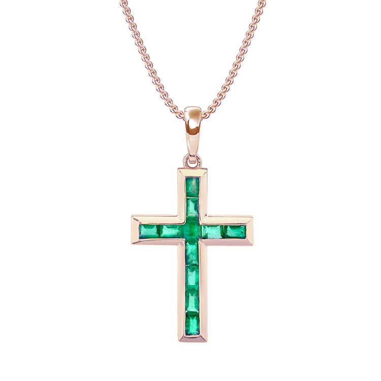 Bezel Set Green Emerald Cross Necklace Armans Fine Jewellery