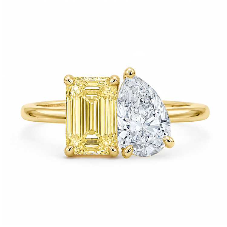 Yellow Golden Emerald & Pear Diamond Engagement Ring