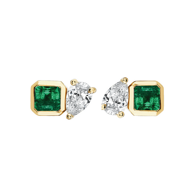 Green Emerald Asscher and Diamond Pear Studs - Armans Fine Jewellery