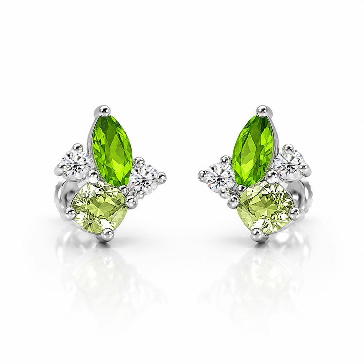 Green Emerald Marquise & Round Diamond Cluster Earrings