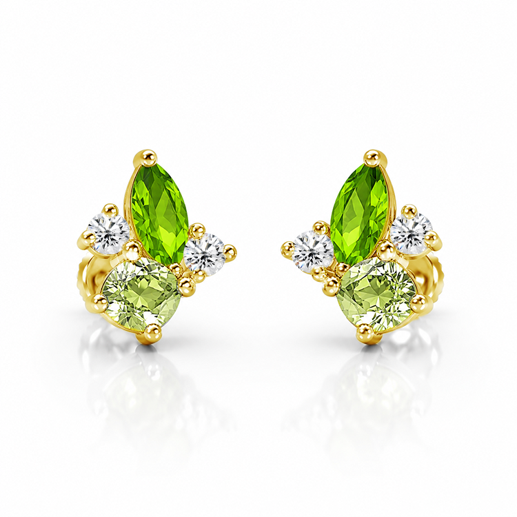 Green Emerald Marquise & Round Diamond Cluster Earrings