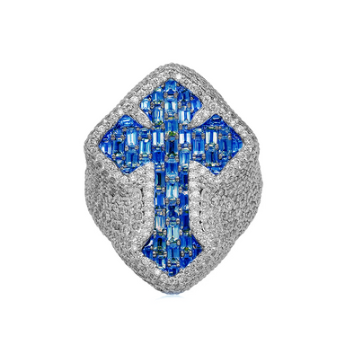 Men's Iced Out Blue Sapphire Cross Ring - Armans Fine Jewellery