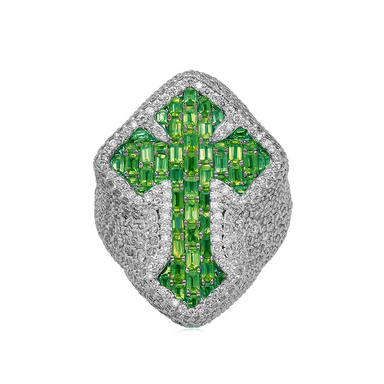 Men's Iced Out Green Emerald Cross Ring - Armans Fine Jewellery