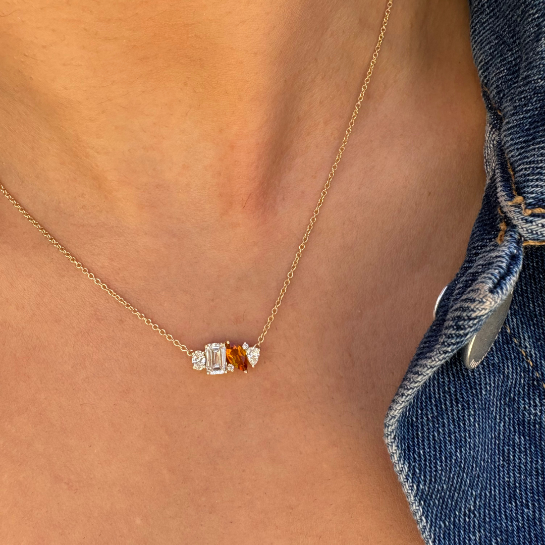 Mixed Shape Diamond and Sapphire Cluster Necklace