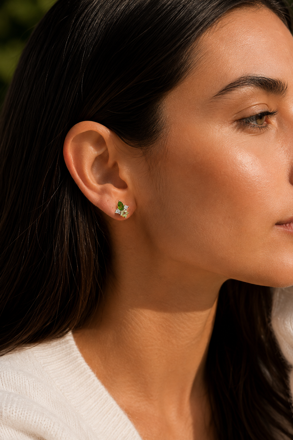 Green Emerald Marquise & Round Diamond Cluster Earrings
