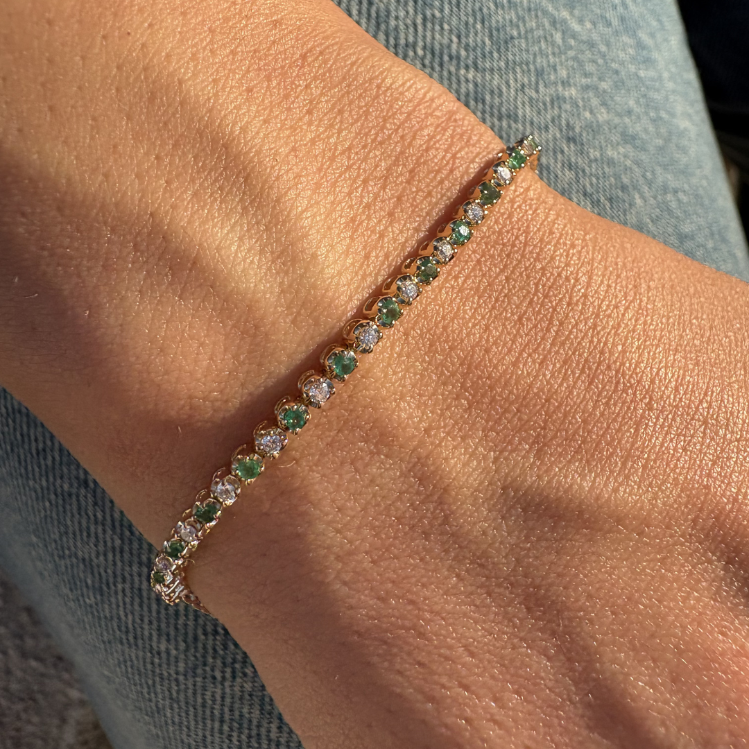 Petite Alternating Green Emerald and Diamond Tennis Bracelet