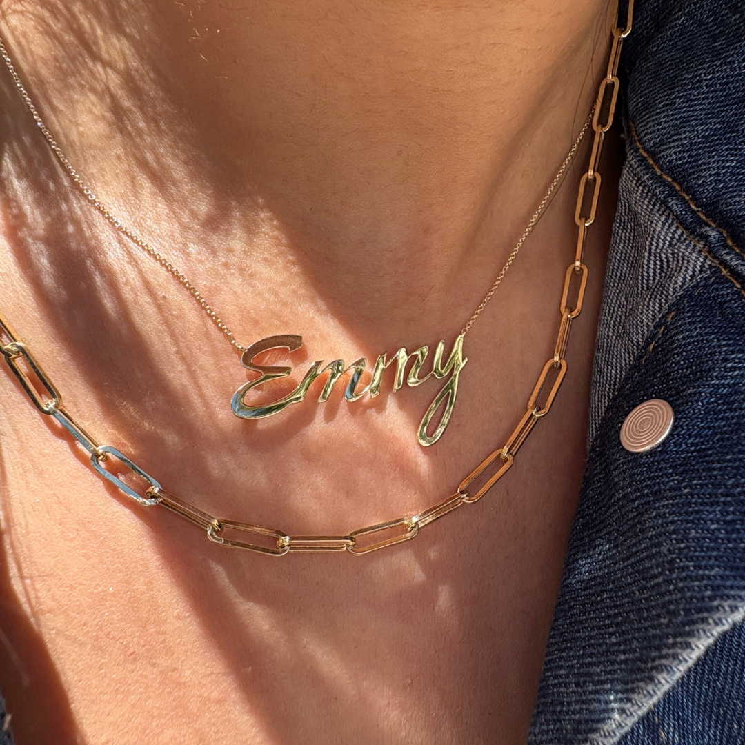 Solid Gold Paper Clip Chain Link Necklace
